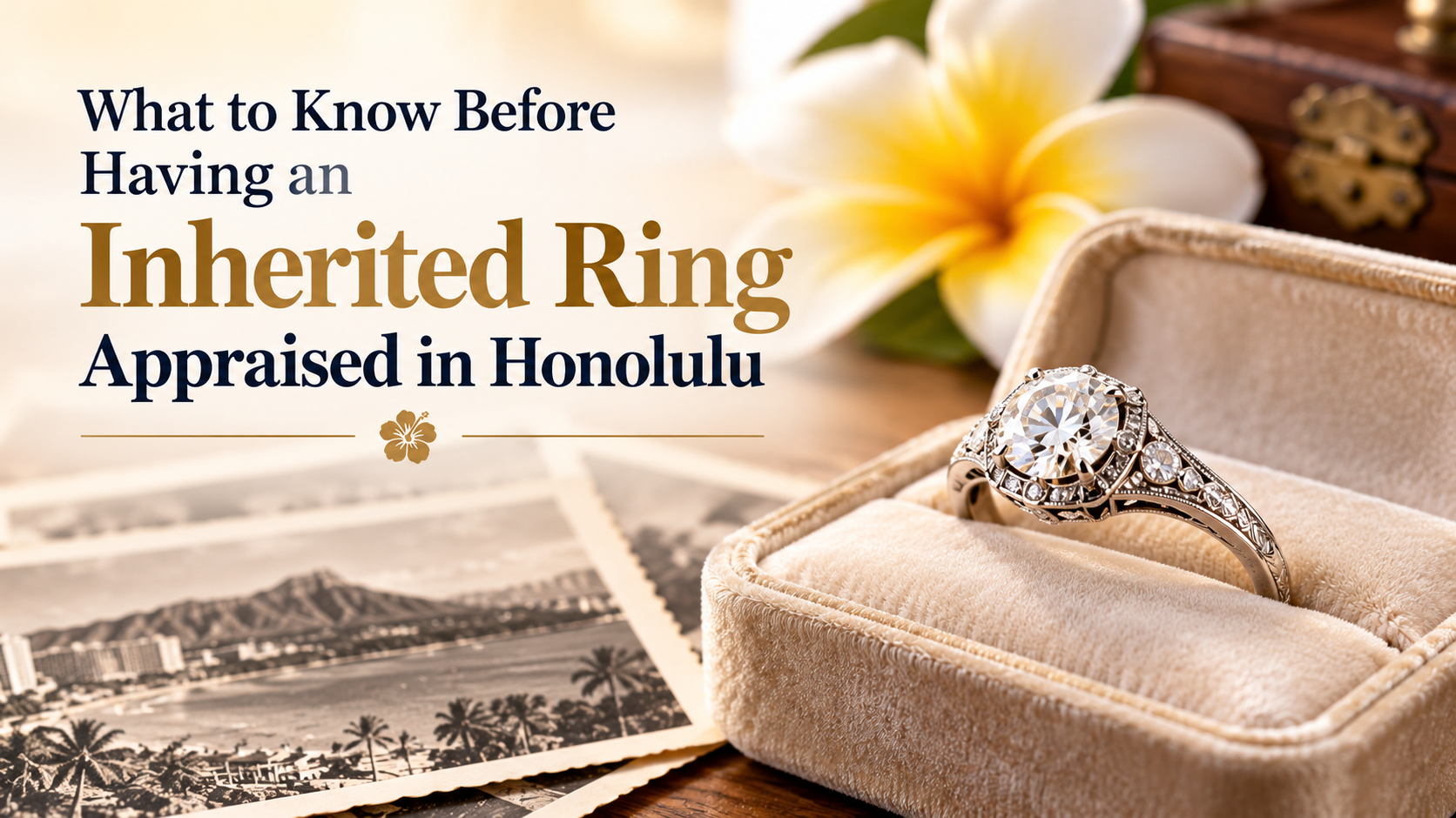 Inherited diamond ring in a jewelry box with appraisal documents and Honolulu in the background