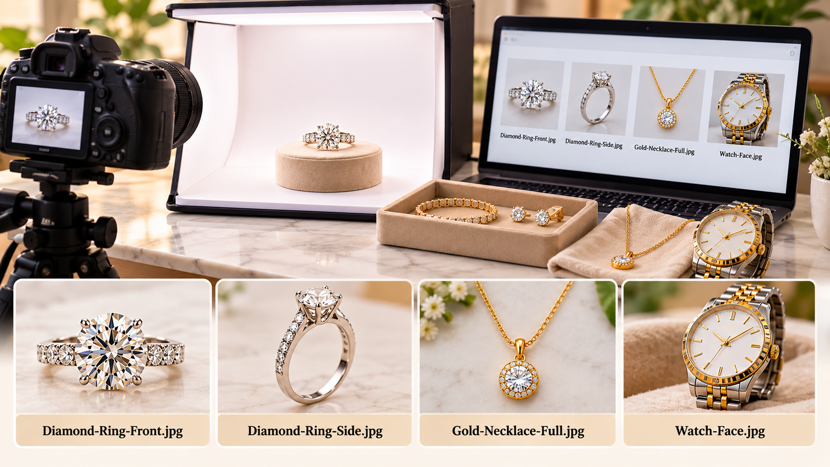 Diamond ring, gold necklace, and watch photographed separately for jewelry inventory records.