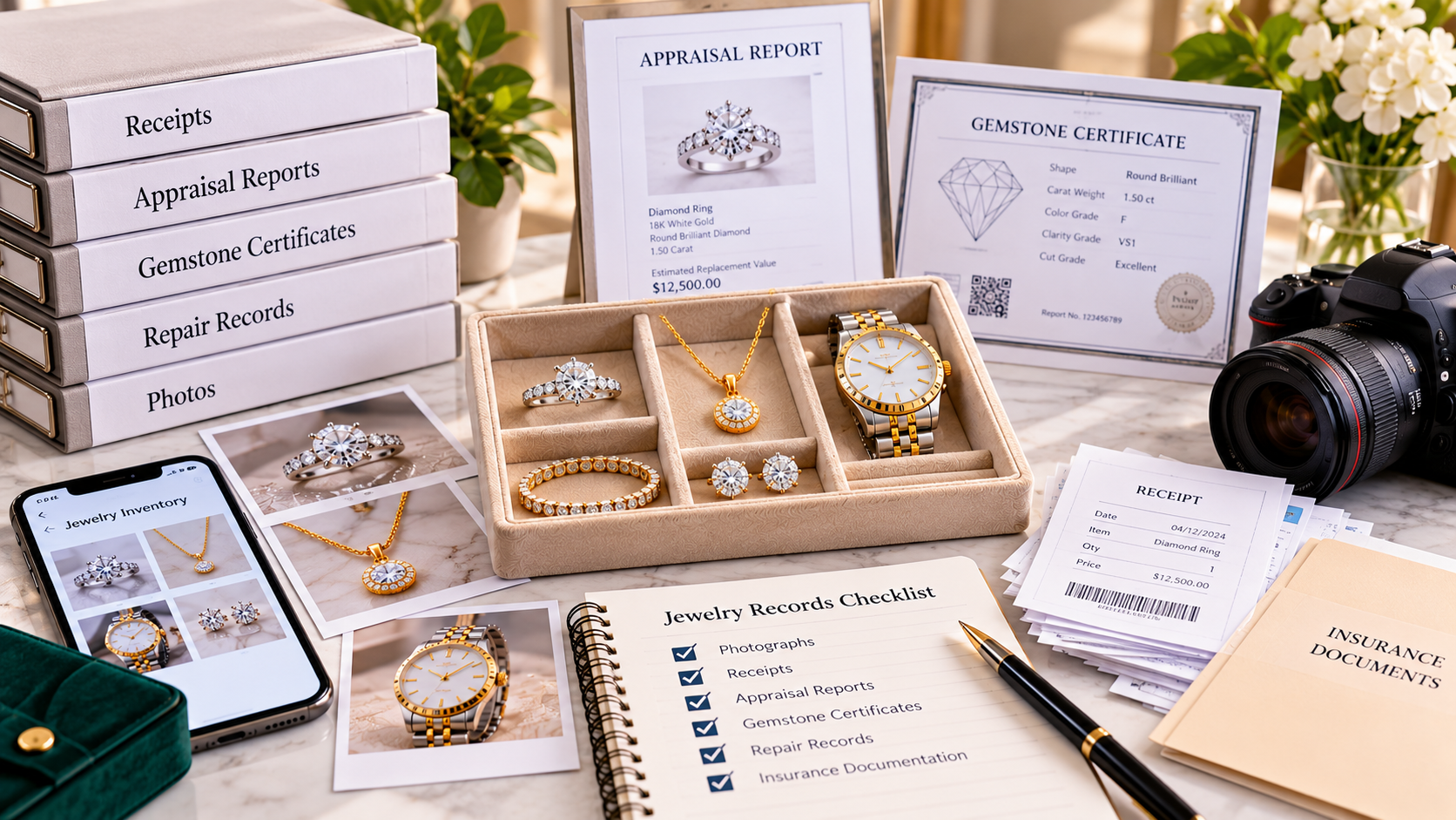 Jewelry inventory with diamond ring, gold necklace, watch, photographs, receipts, appraisal report, and gemstone certificate organized for insurance documentation.